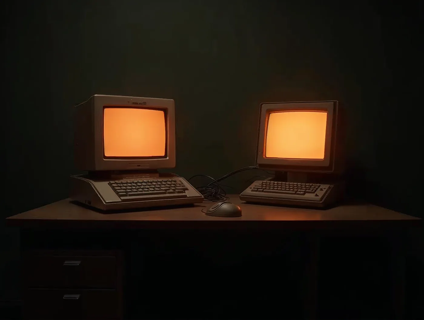 Deux vieux terminaux informatiques face à face sur un bureau sombre, écrans allumés en terre cuite