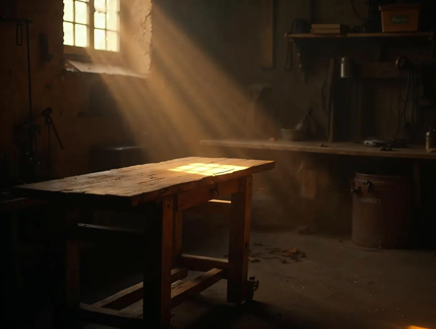 Un établi de bois vide dans un atelier sombre, éclairé par un rai de lumière venu d'une fenêtre haute