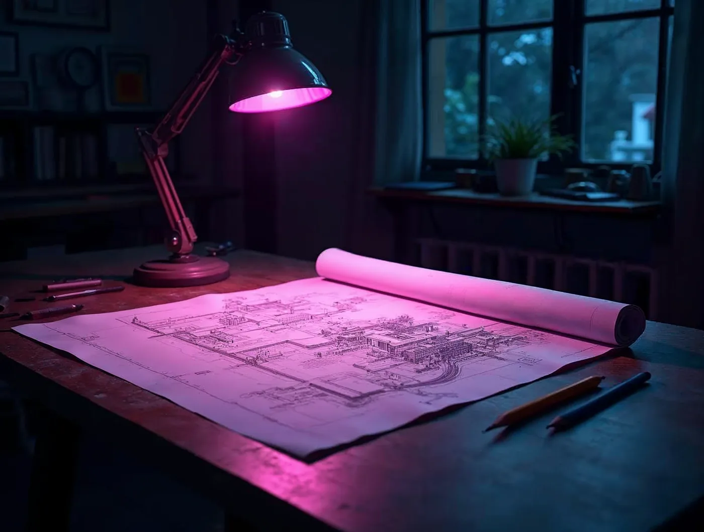 Un plan d'architecte déroulé sur une table d'atelier sombre, éclairé par une lampe magenta