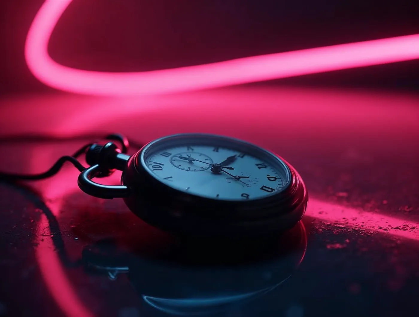 Un chronomètre mécanique posé sur une surface sombre, cerné d'une lumière magenta