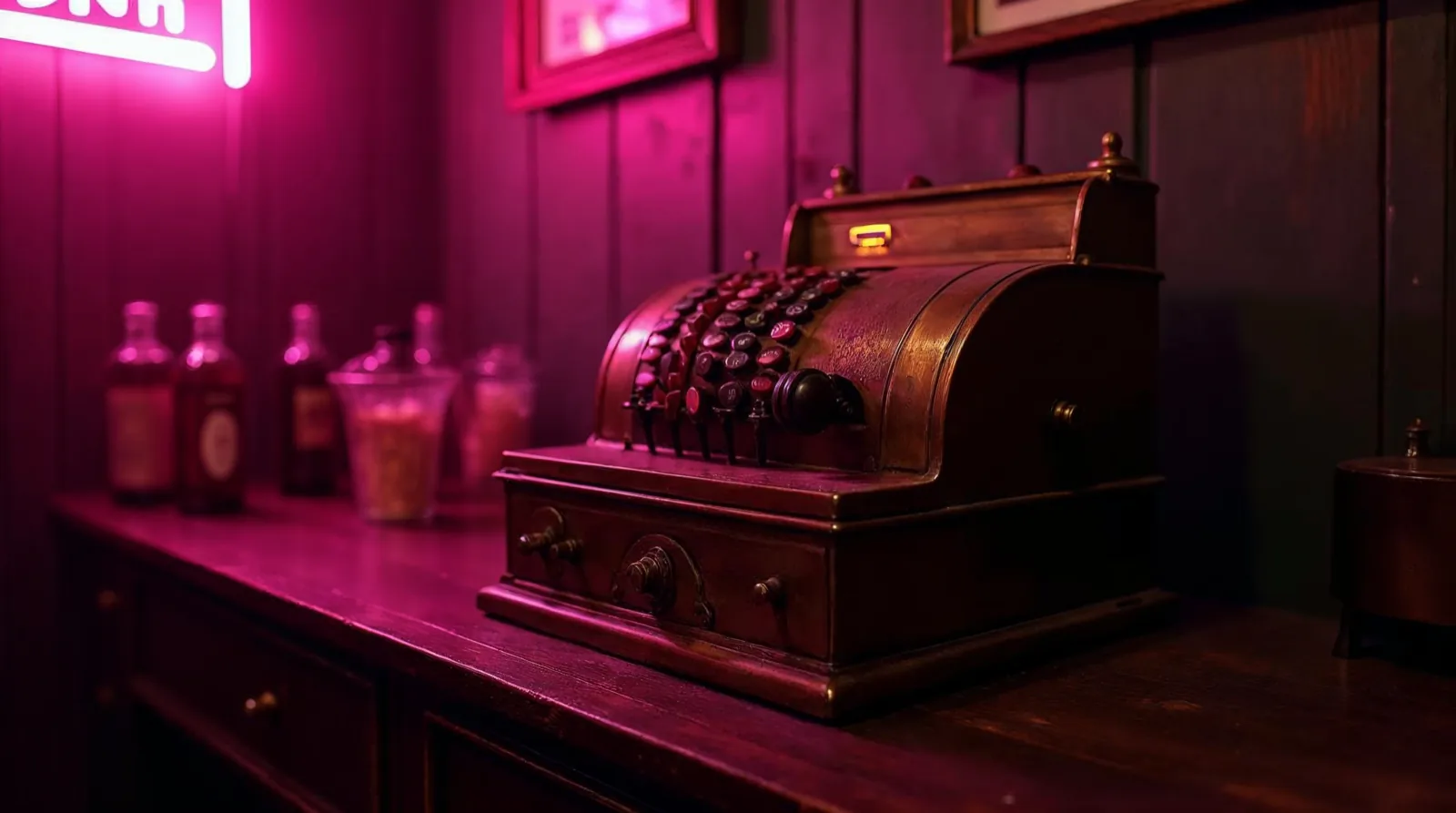 Une caisse enregistreuse mécanique en laiton sur un comptoir sombre, éclairée d'un néon magenta