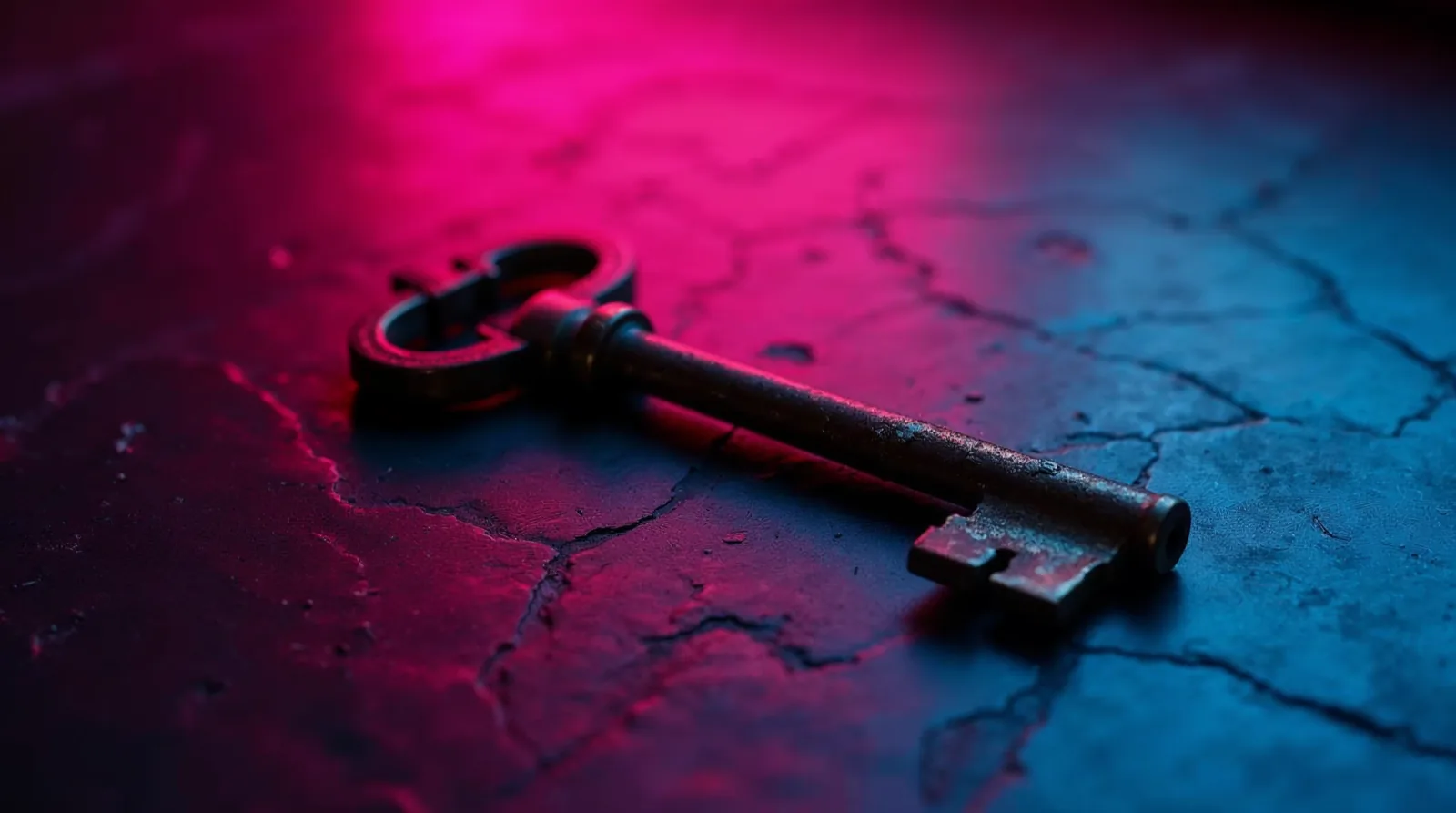 Une clé ancienne posée sur une surface de pierre fissurée, éclairée d'un néon magenta
