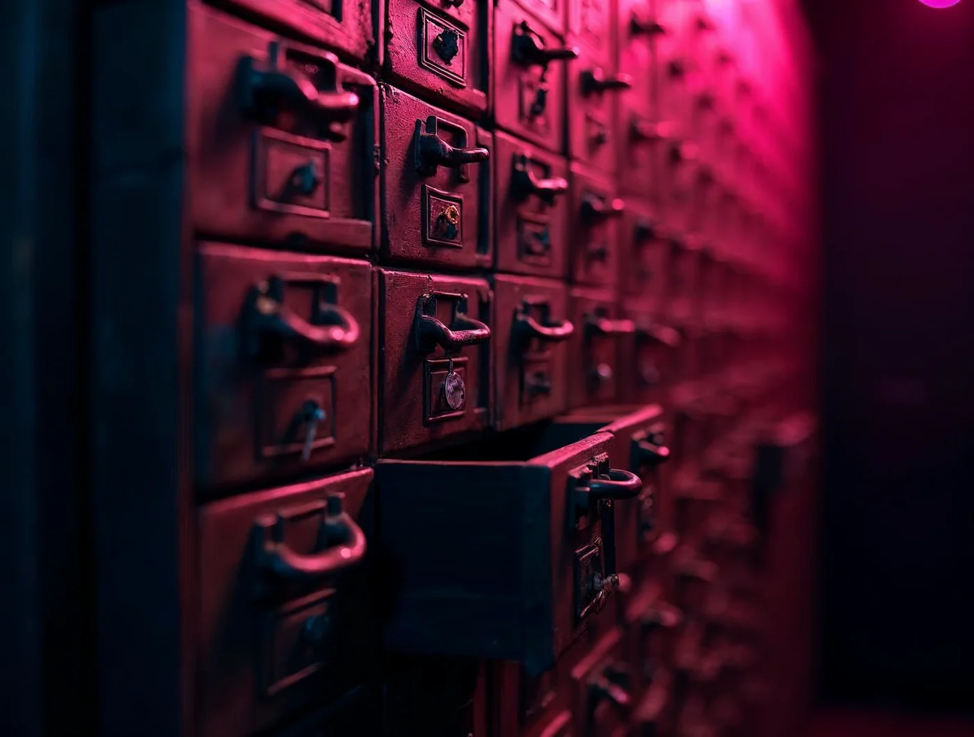 Un mur de petits tiroirs sombres, l'un d'eux ouvert et vide