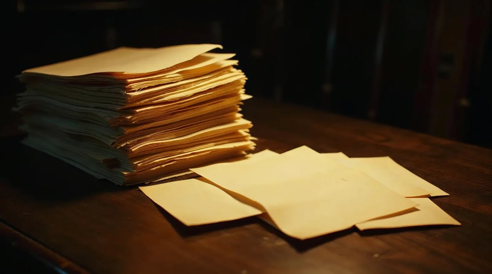 Une pile épaisse de feuilles jaunies sur un bureau en bois sombre, quelques-unes répandues à côté, en lumière ambrée rasante