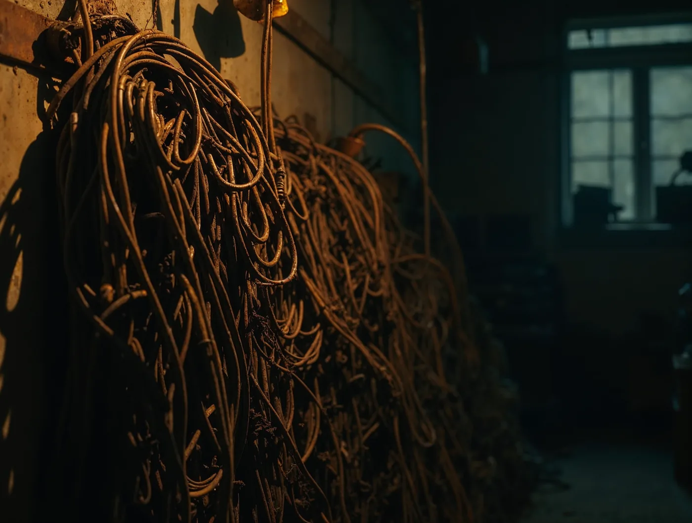 Un enchevêtrement de vieux câbles accrochés au mur d'un atelier sombre