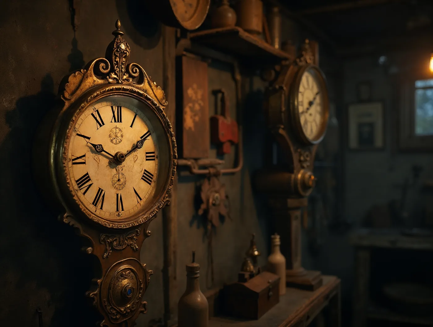 Une horloge d'atelier ancienne dans la pénombre, éclairée par une lumière chaude