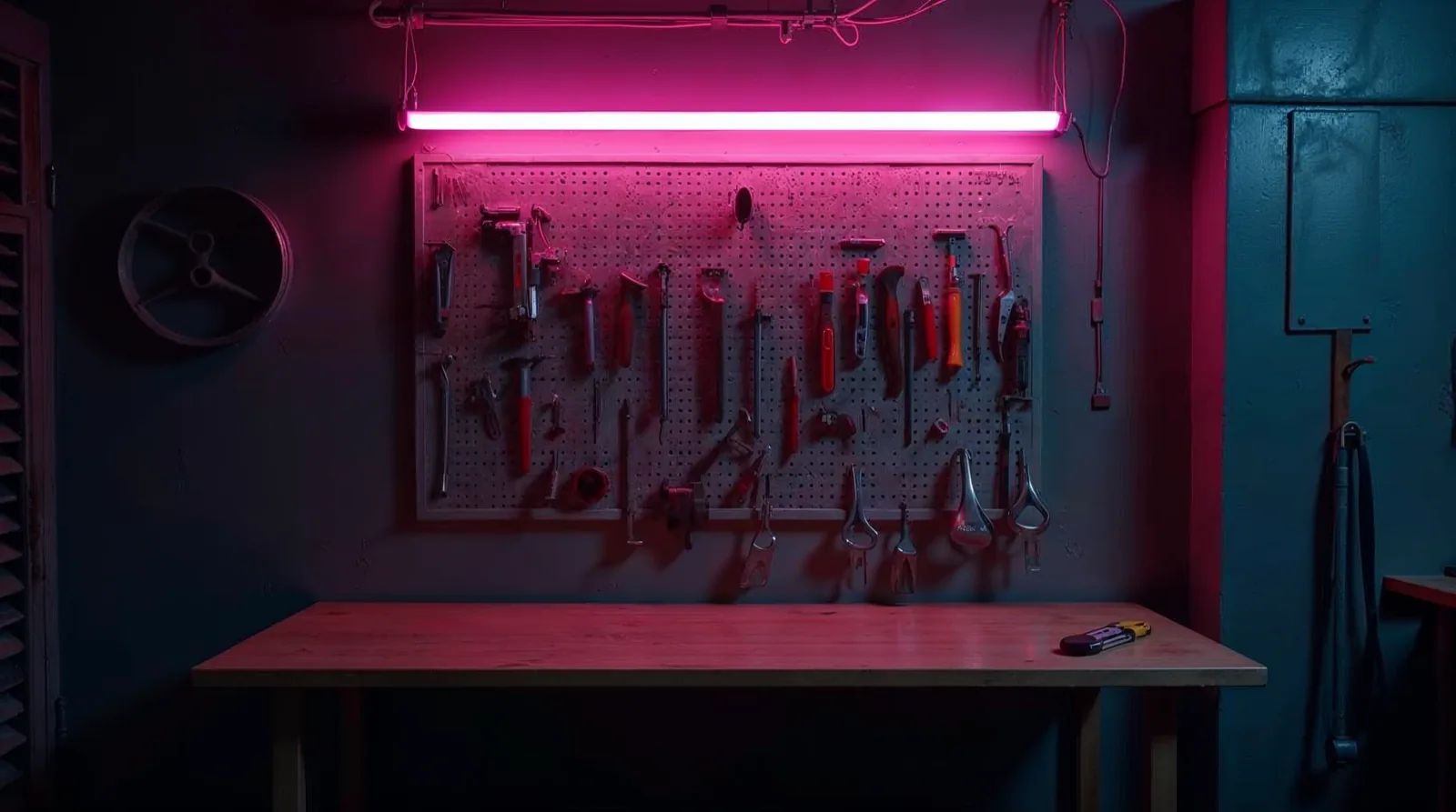 Un établi d'atelier vide la nuit, les outils rangés sur un panneau perforé, éclairé d'un néon magenta