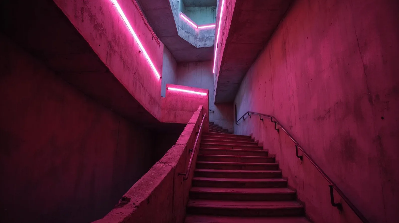 Une cage d'escalier en béton photographiée d'en bas, les volées repliées sur elles-mêmes, éclairées au néon magenta