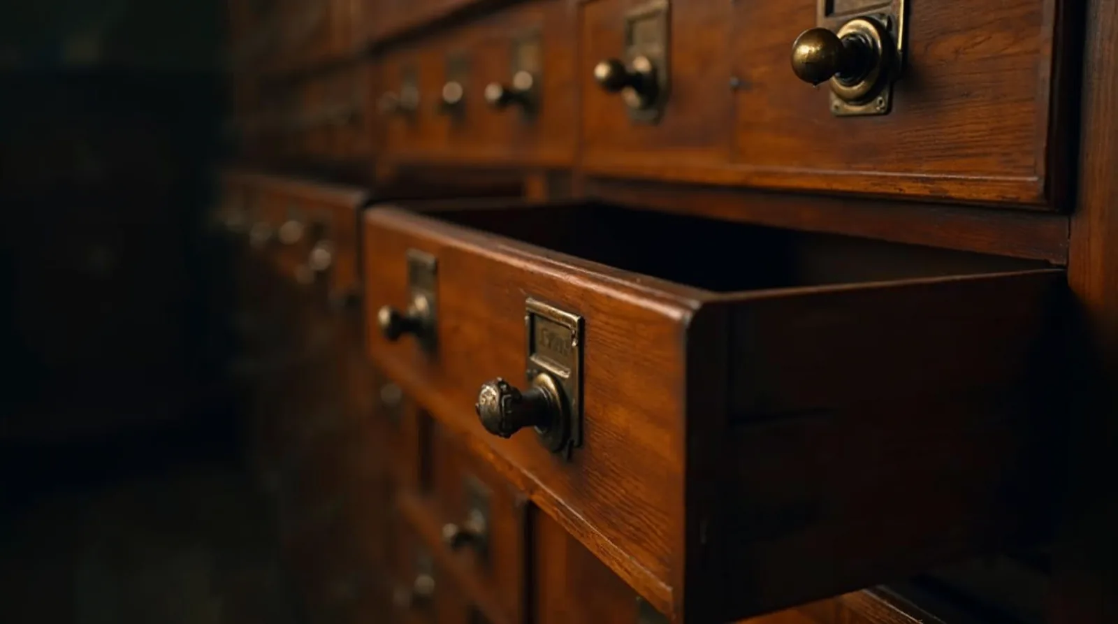 Un meuble à fiches de bibliothèque en bois, un tiroir ouvert, éclairé en terre cuite sur fond sombre
