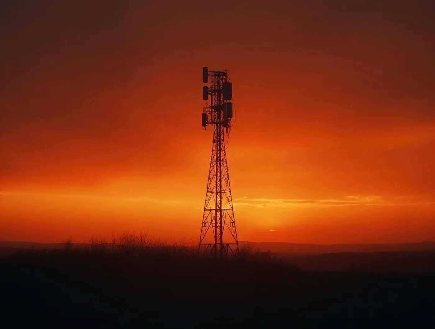 La silhouette d'une antenne radio sur un ciel terre cuite au crépuscule