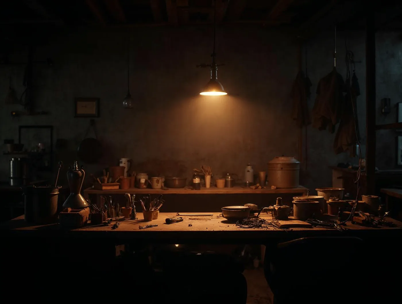 Un atelier sombre, une lampe allumée seule au-dessus d'un établi couvert d'outils