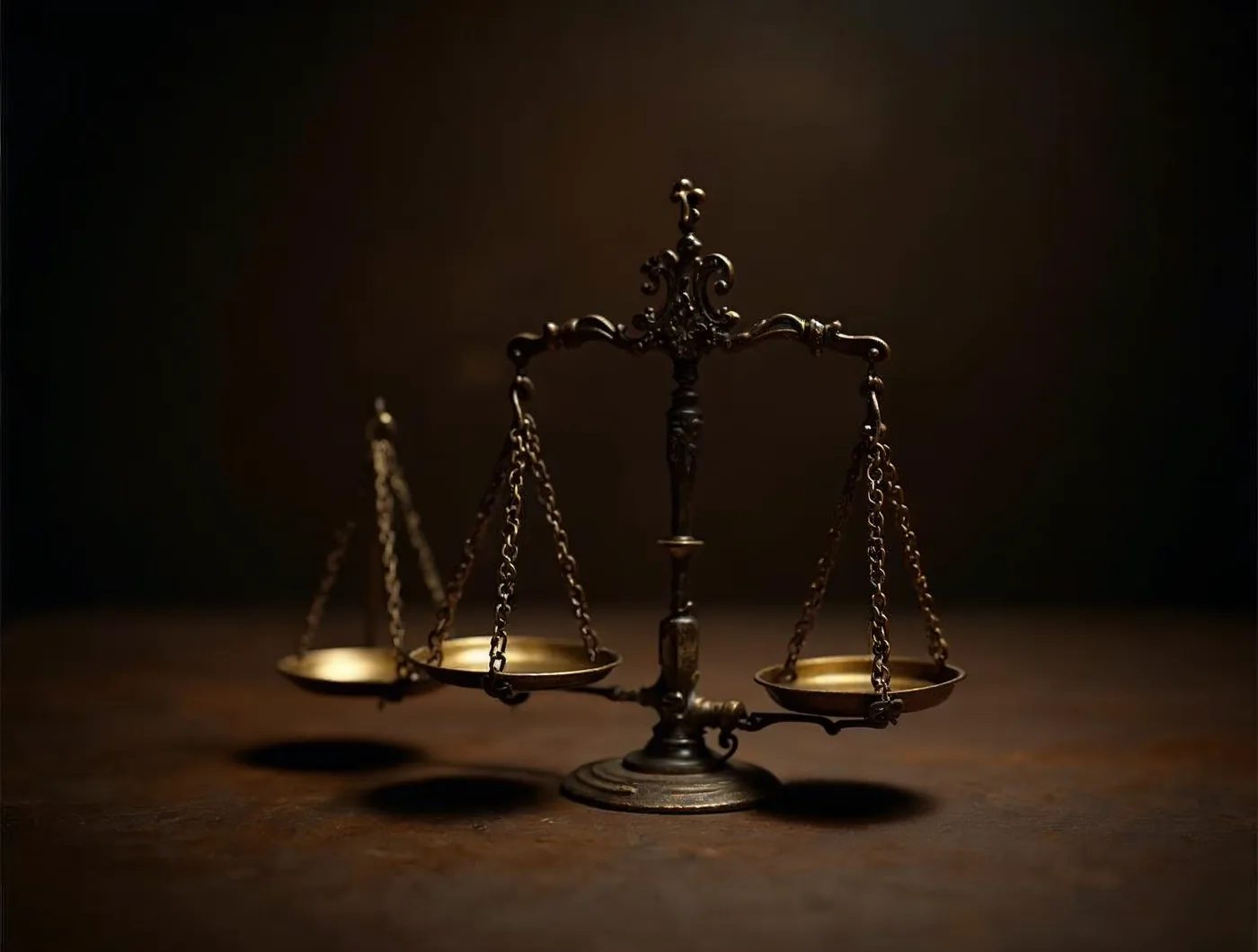 Une balance ancienne en laiton, en équilibre sur une table sombre, éclairée d'une lumière terre cuite