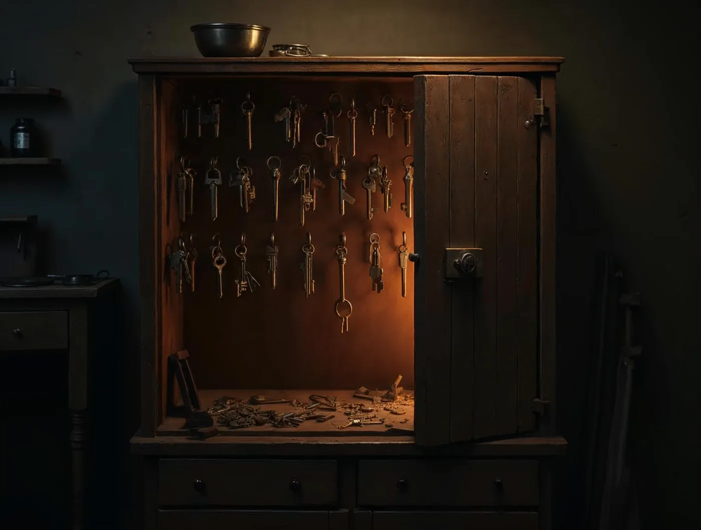 Une armoire à clés en bois dans l'ombre, une petite porte laissée entrouverte d'où sort une lumière terre cuite