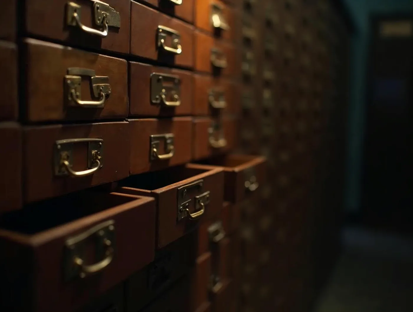 Un mur de petits tiroirs de fichier en bois dans une archive sombre, l'un d'eux tiré, lumière terre cuite