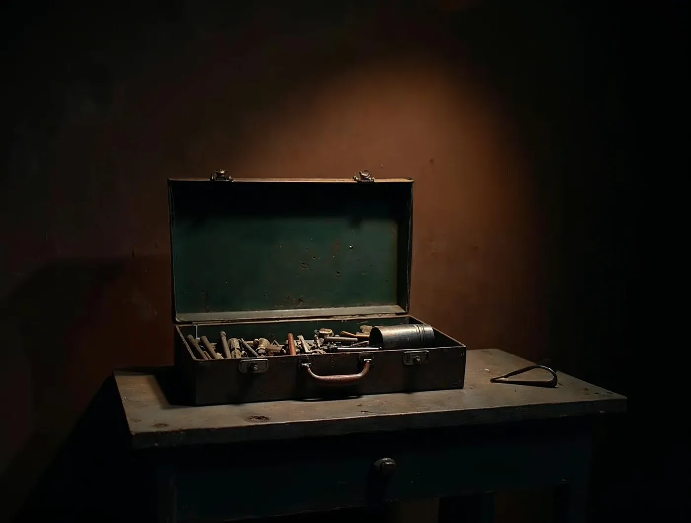 Une vieille caisse à outils métallique ouverte sur un établi, ses outils rangés, éclairée d'une lumière abricot