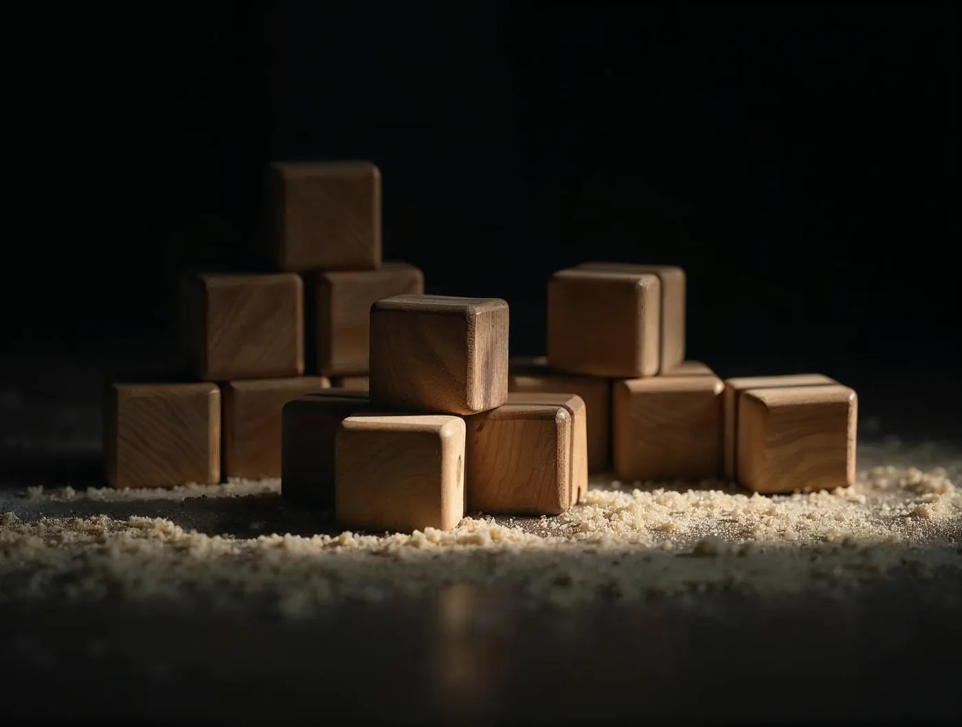 Des blocs de bois emboîtables posés sur une table sombre, l'un d'eux écarté des autres, lumière sable