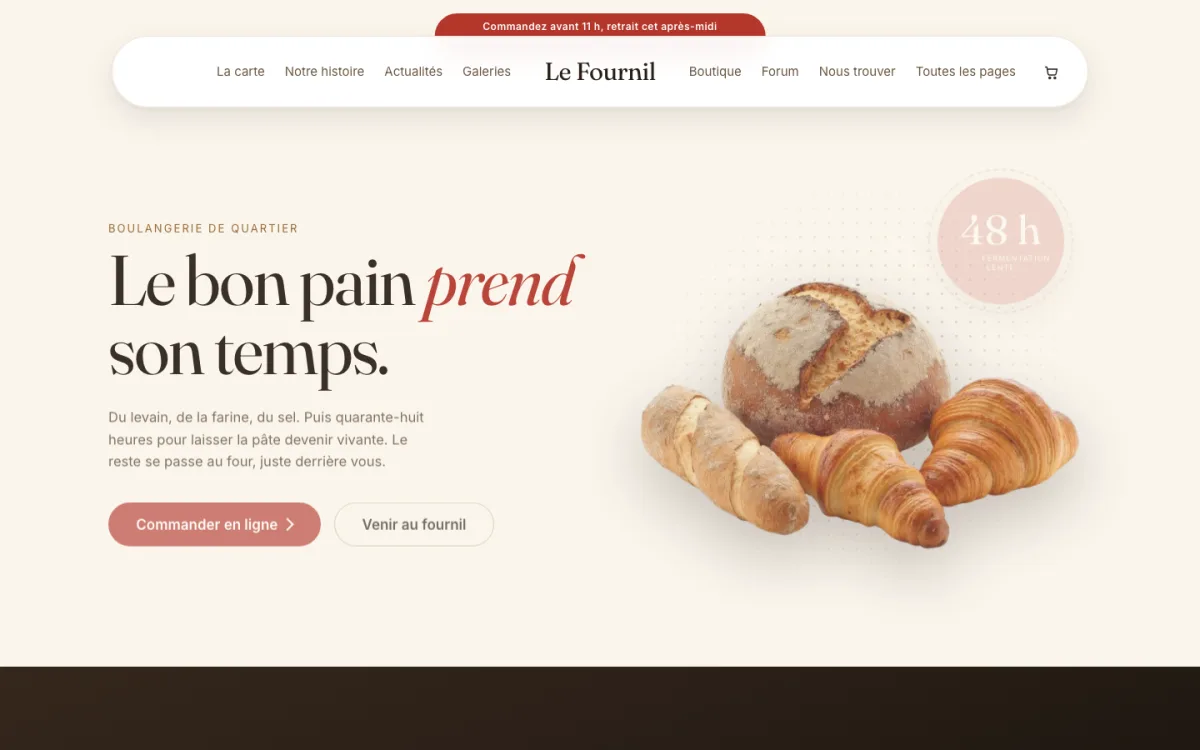 Aperçu de la page d'accueil du layout Le Fournil